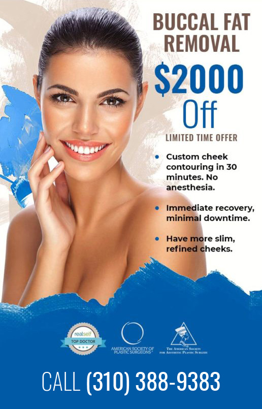 Woman in blue tube dress smiling GABBAY, PLASTIC SURGERY, BUCCAL FAT REMOVAL, $ 2000 Off, LIMITED TIME OFFER, Custom cheek contouring in 30 minutes. No anesthesia. • Immediate recovery, minimal downtime, Have more slim, refined cheeks, realself TOP DOCTOR, CALL 310-205-9500, GABBAY, PLASTIC SURGERY